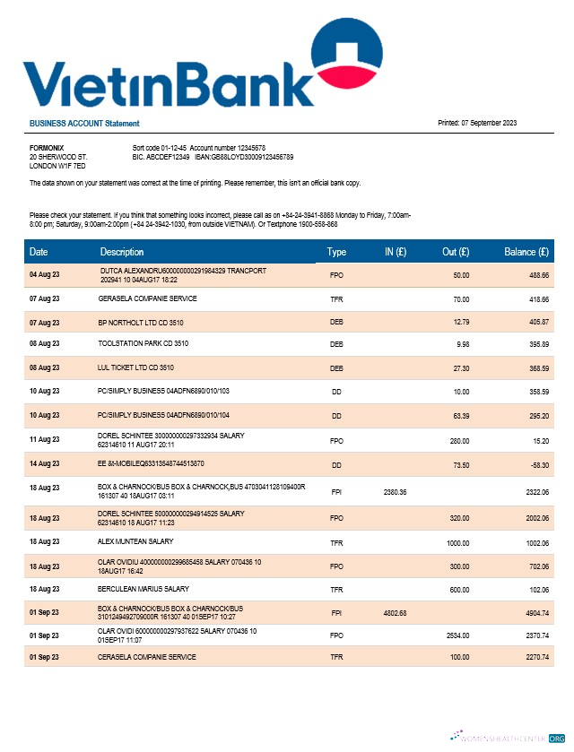 Download Vietin Bank firm account statement Word and PDF template Photoshop template